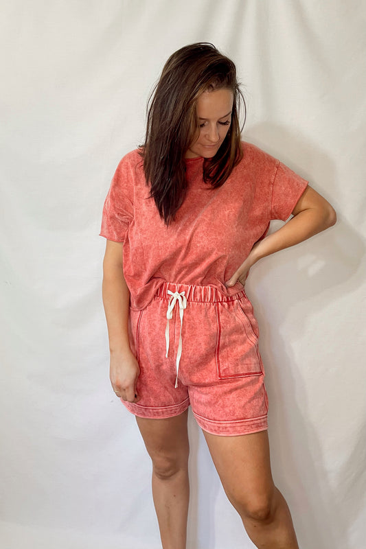 Lay Low Acid Wash shorts-Strawberry